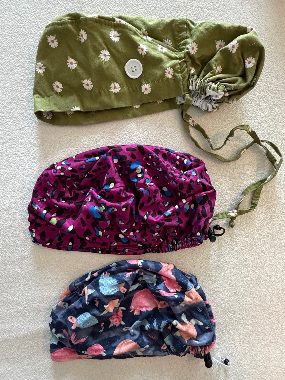 Women’s Scrub Caps - Green Daisy, Purple Print & Navy Turtle  (Set of 3)